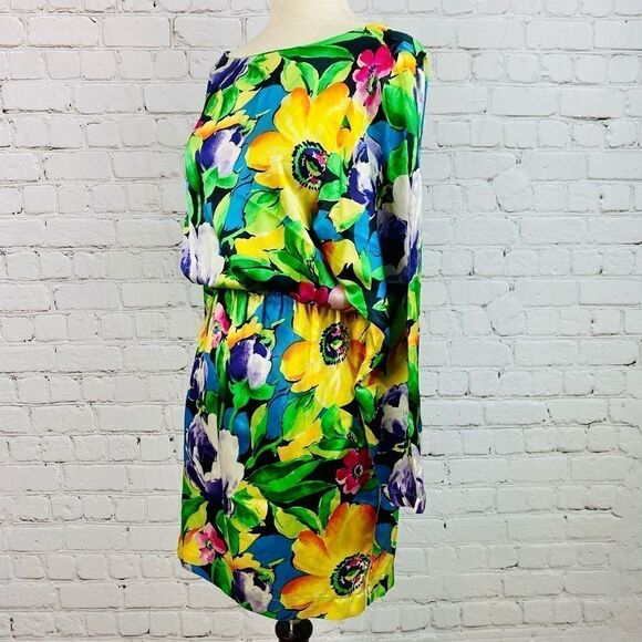 VTG 80s Mary Jo Bruno Tropical Hawaiian Aloha Silk Shirt Dress - Picture 2 of 11